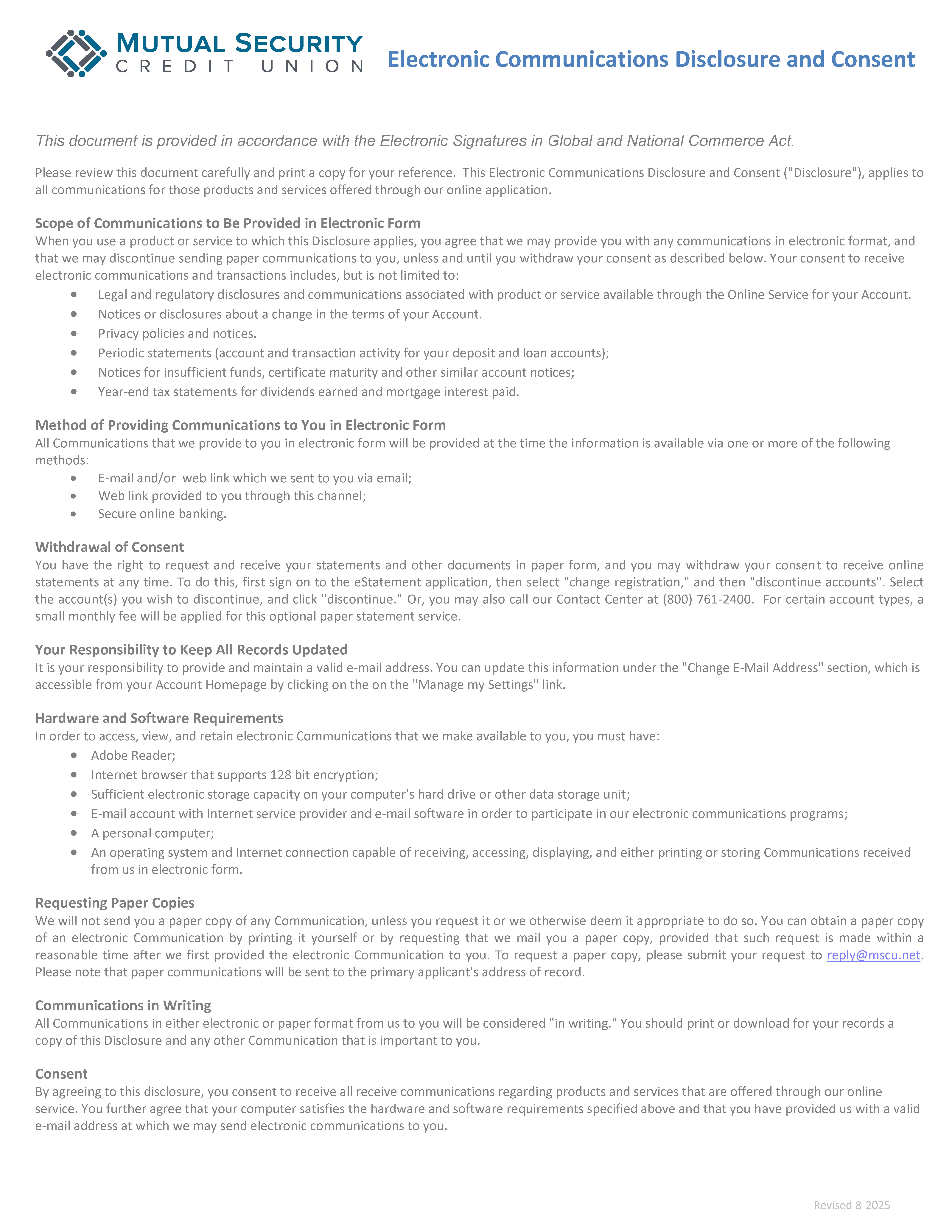 E-Communication Agreement website version 08-2025