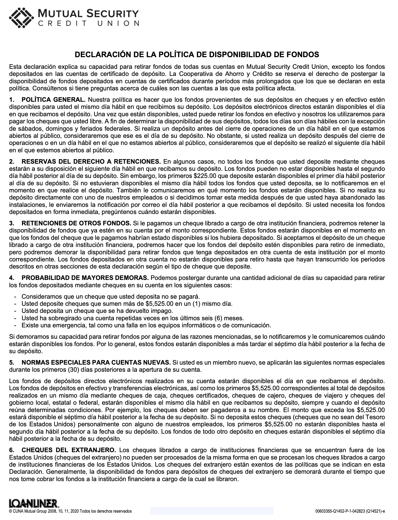 Funds Availability Spanish