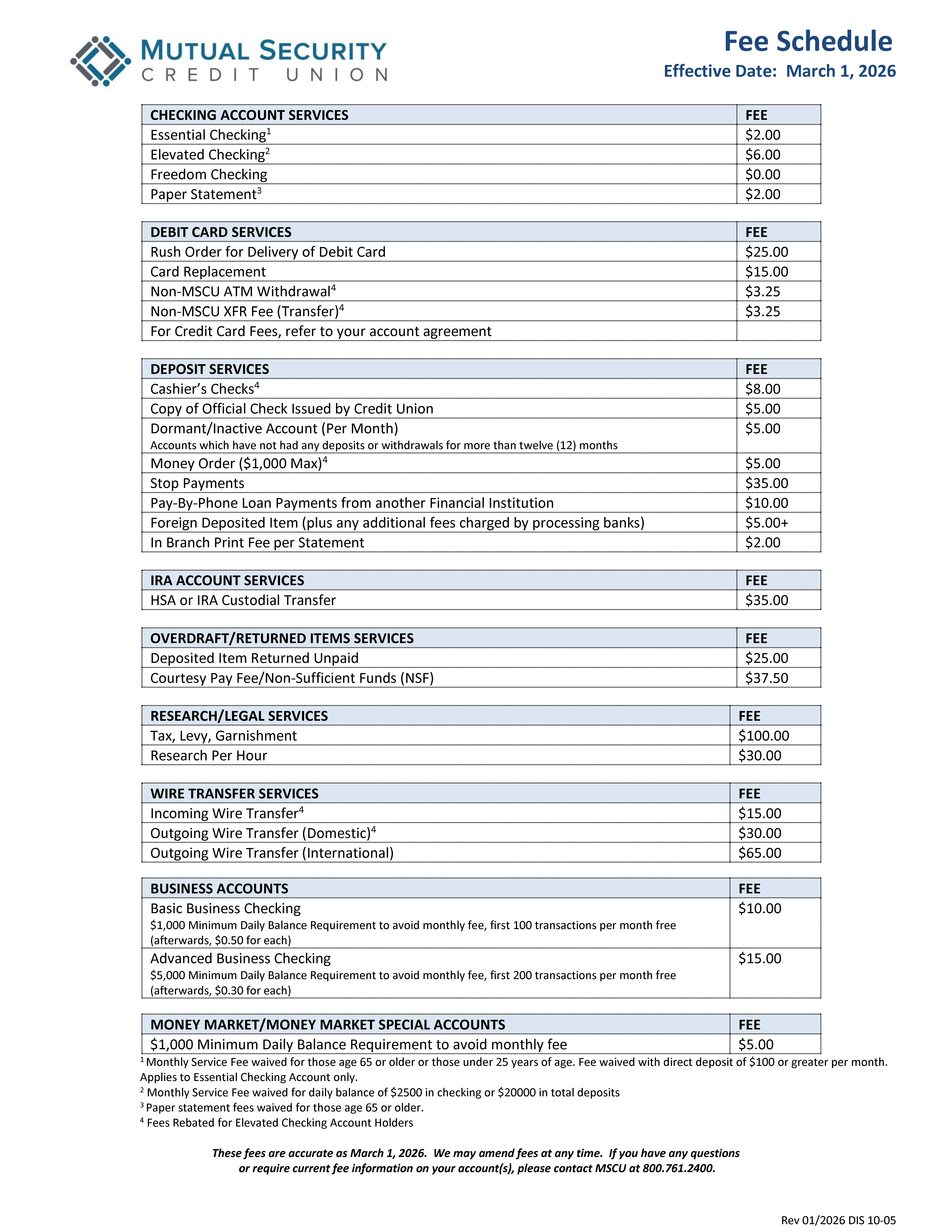 MSCU Fee Schedule - March 2026 final