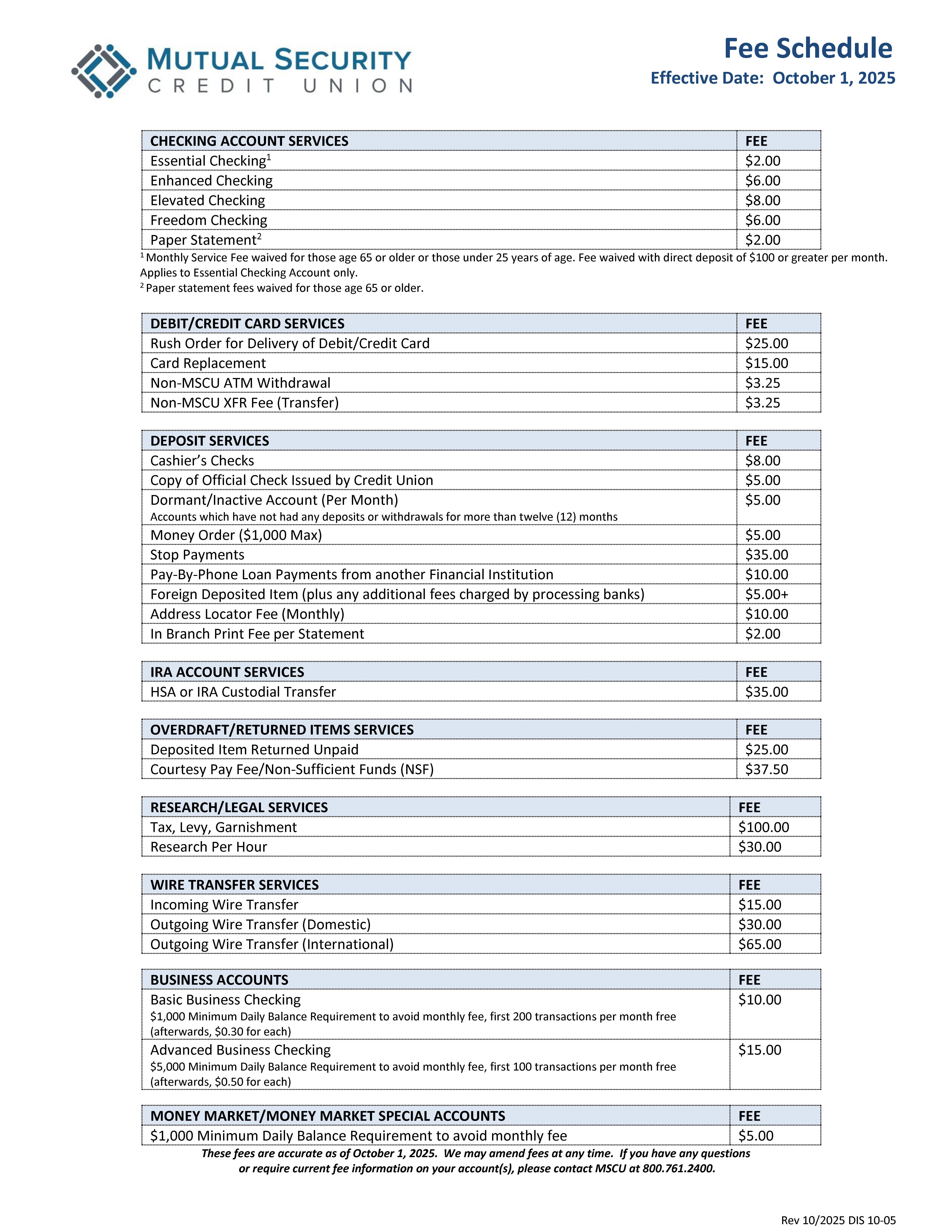 MSCU Fee Schedule - October 2025 v2