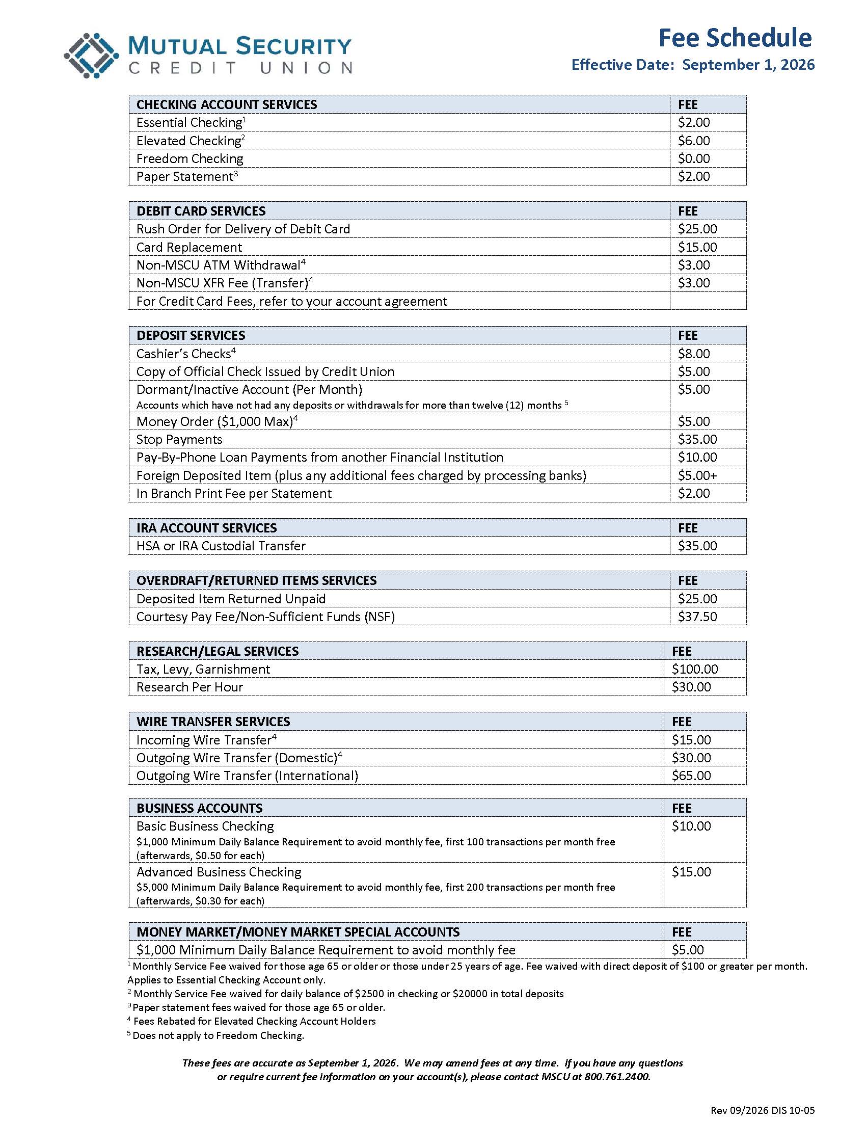MSCU Fee Schedule - September 2026-1
