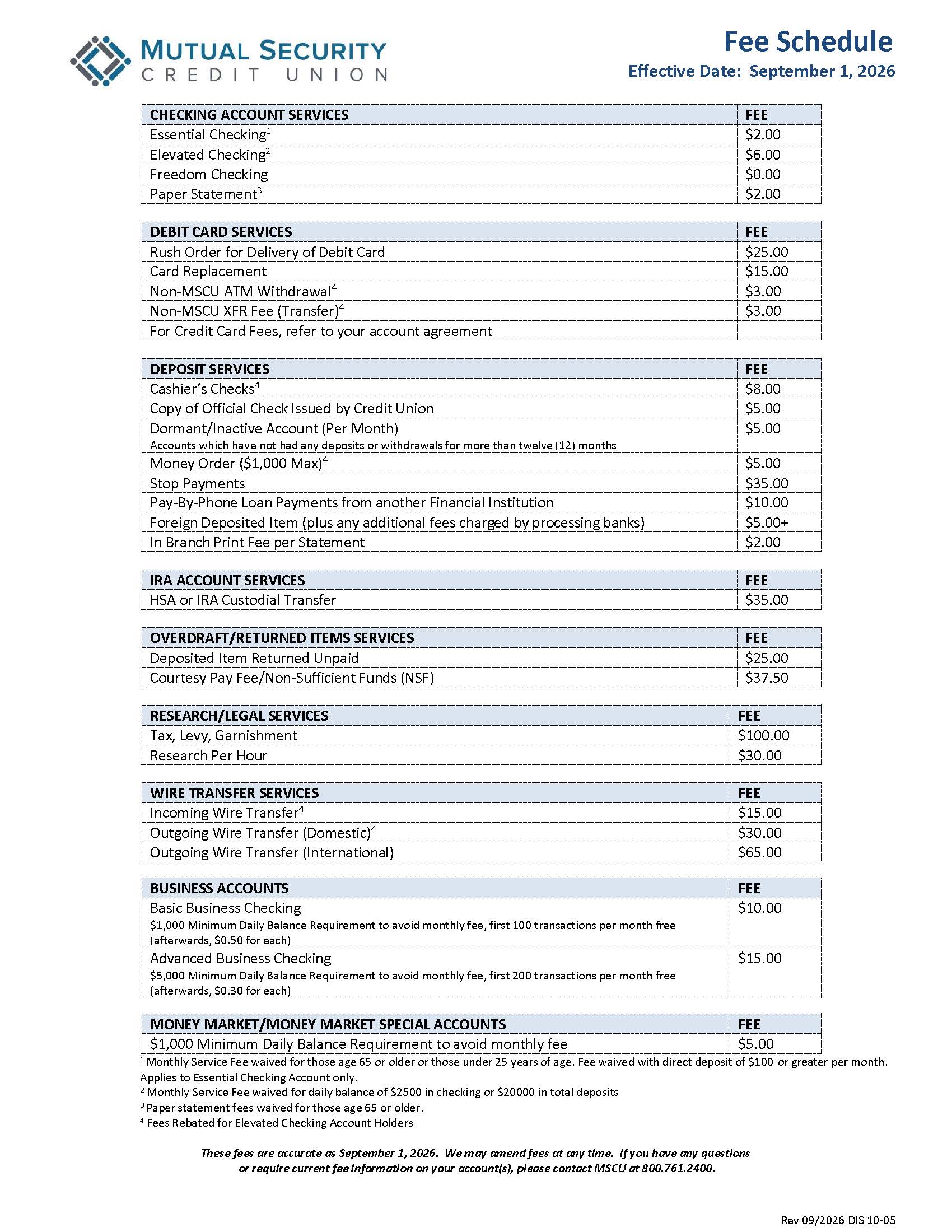 MSCU Fee Schedule - September 2026